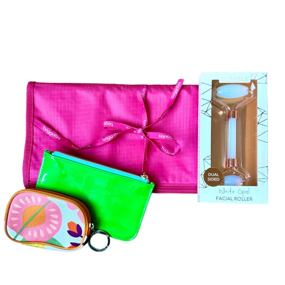 Baggallini cosmetic case with Zoe Ayla rose quartz facial roller and extras!!